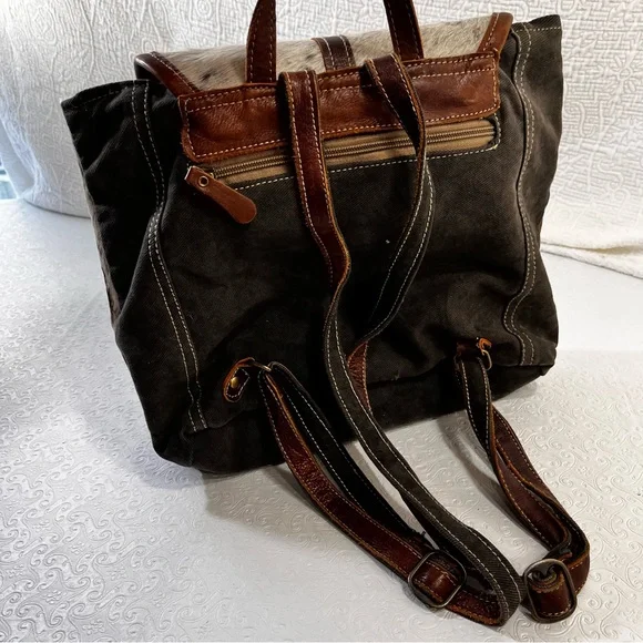 Myra Bag Handmade Crossroads Backpack Upcycled Canvas Cowhide Leather Patchwork - Picture 14 of 16